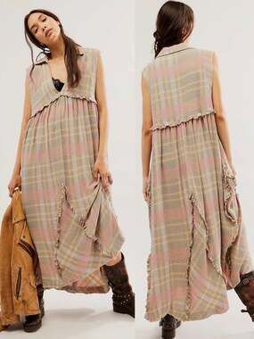 Free People Oversized Bohemian Grunge 90s Plaid Kirby Maxi Dress Size Small